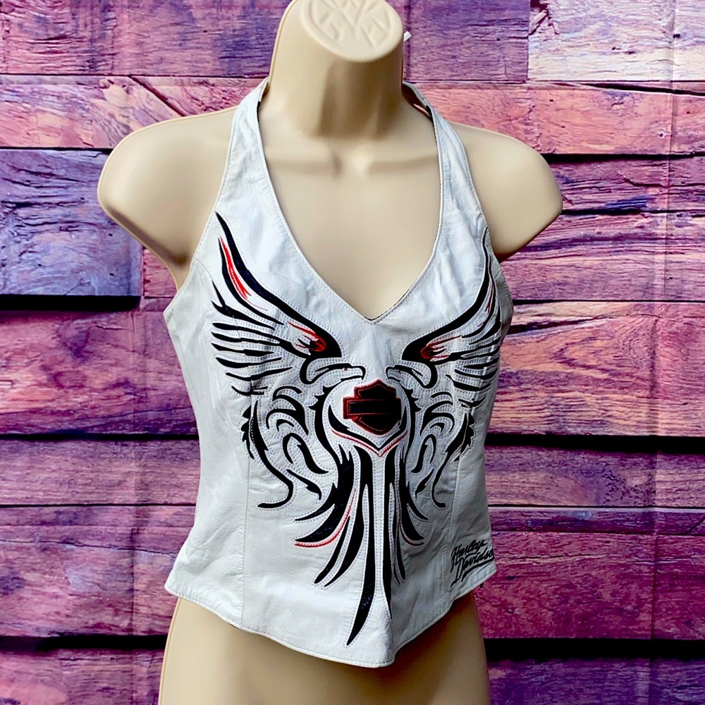Women’s HD leather lace up back halter top with neck strap and partial side zip